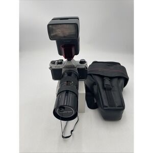 VTG Akashi Pentax K1000 Camera +85-210mm Macro Zoom Lens+New Flash+Case-TESTED